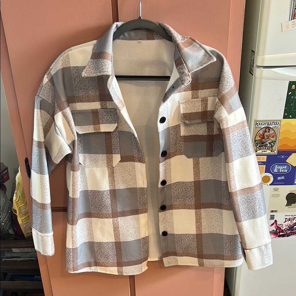 💕3/$40💕 Plaid Shacket Light Blue Grey and Brown